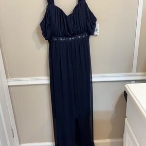 Elegant Navy Maxi Dress with Embellished Waist. NWT